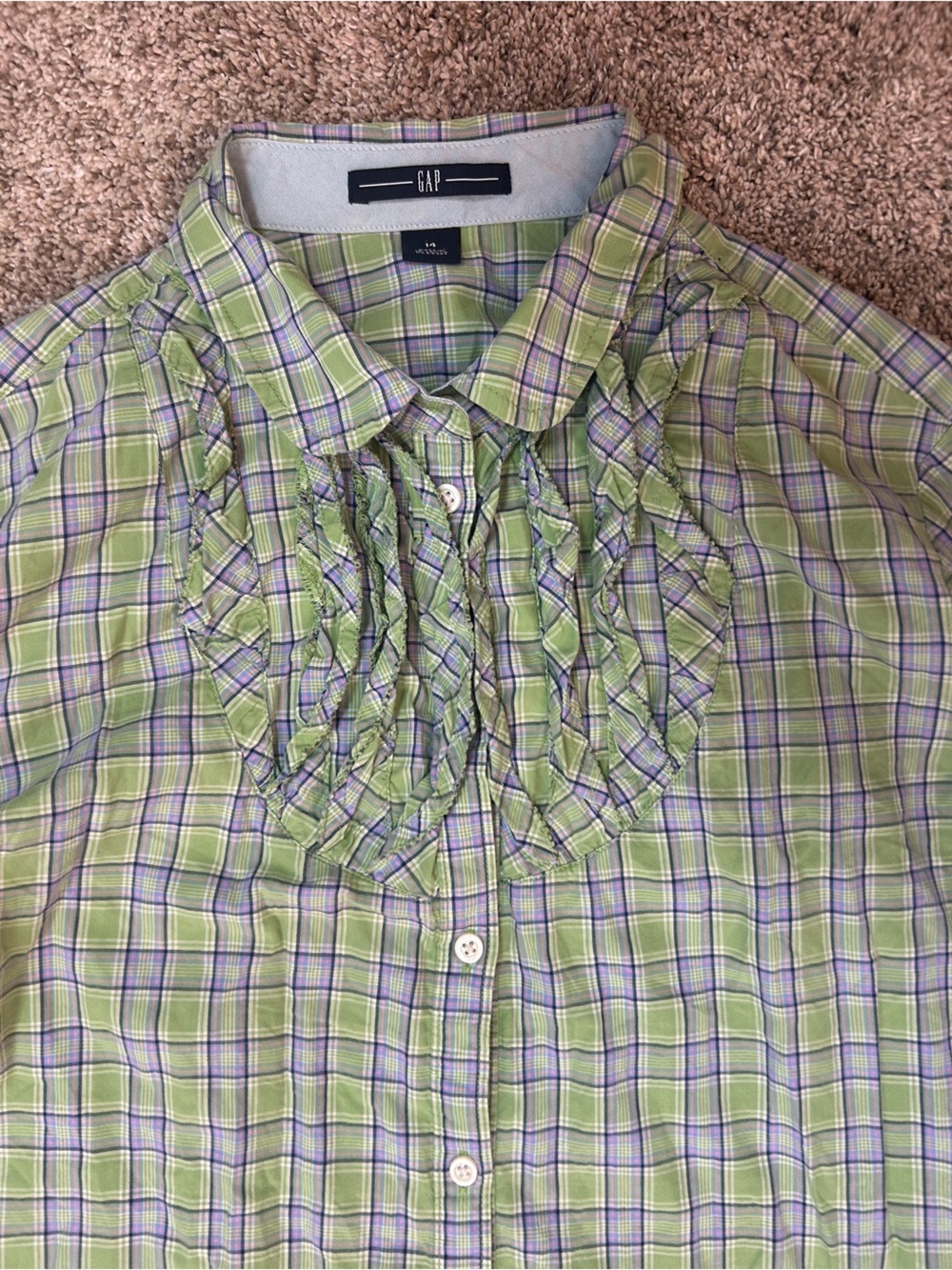 GAP Green Plaid Ruffle Front Button Down Long Sleeve Shirt Size 14